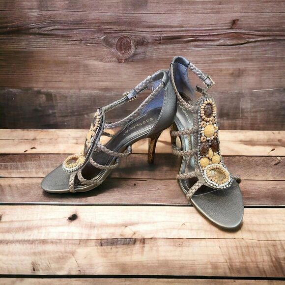 NEW BCBGeneration Polands Women's Golden Leather Beaded Strappy High Heels 7 1/2 - Picture 4 of 7